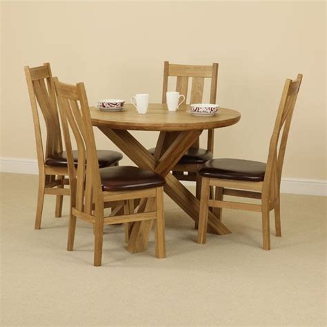 Solid Oak Round Dining Table With Crossed Legs 4 Arched Back Solid