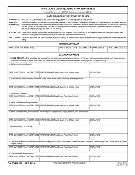 Da Form 7691 Download Fillable Pdf Or Fill Online First Class Diver