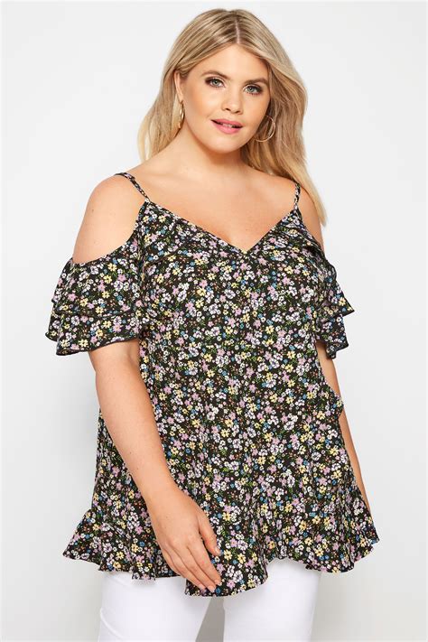 Black Ditsy Cold Shoulder Top Sizes 16 36 Yours Clothing