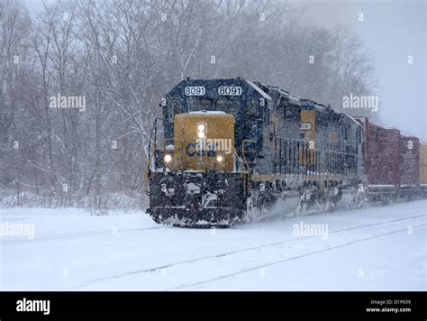 Freight Train Moves Through Snow Storm In Upstate New York Us Stock
