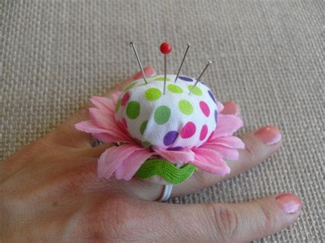 Flower Bottle Cap Ring Pincushion Pinkgreen Polka Dots Ready To