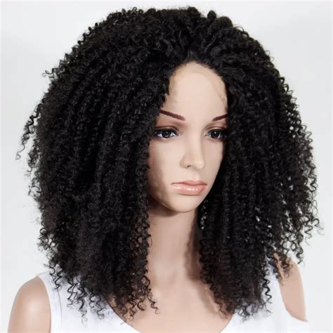 Glueless Heat Resistant Hair Natural Black Afro Kinky Curly Synthetic Lace Front Wig For Black