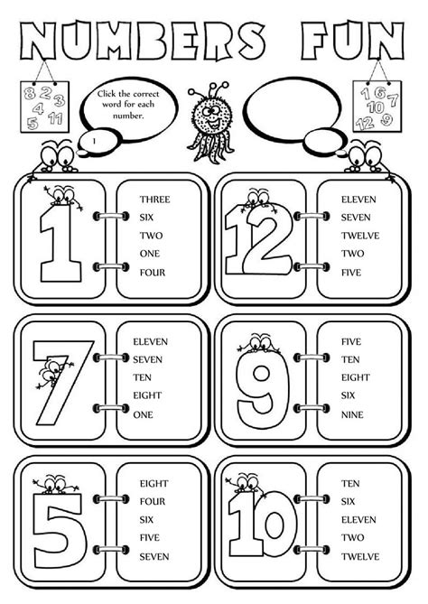 Numbers Fun 1 12 Interactive Worksheet Words For Teacher Number