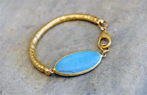 Turquoise Bezel Gold Cuff Bracelet
