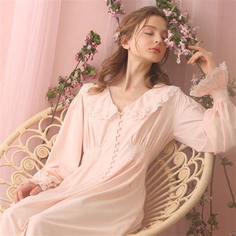 free shipping 2017 new autumn women s long vintage pijamas pink and white nightshirt lace royal
