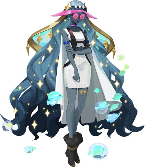 An Anime Character With Long Blue Hair Wearing A White Dress And Hat Standing In Front Of Stars