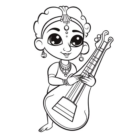 little indian girl playing the sitar coloring page outline sketch drawing vector wing drawing