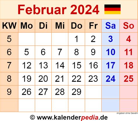 Kalender Februar 2024 Als Word Vorlagen