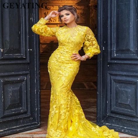 Elegant Yellow Lace Mermaid Evening Dress With Long Sleeves Appliques