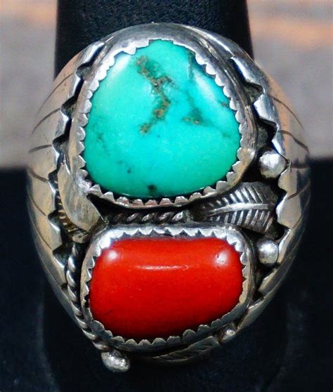 Heavy Vintage Navajo Mens Turquoise Coral Cast Ring Turquoise