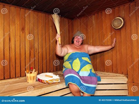 Fun Big Woman In Sauna Royalty Free Stock Image