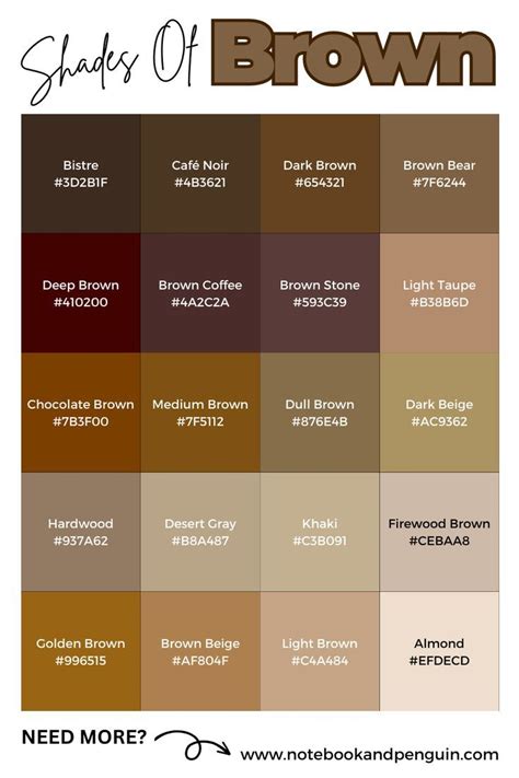 Shades Of Brown With The Names And Colors For Each Color In This Image