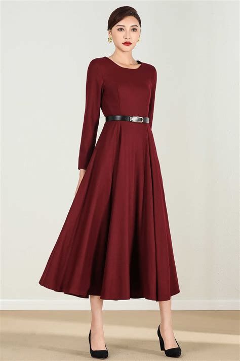 Burgundy Wool Dress Long Sleeve Wool Dress Long Wool Dress Etsy