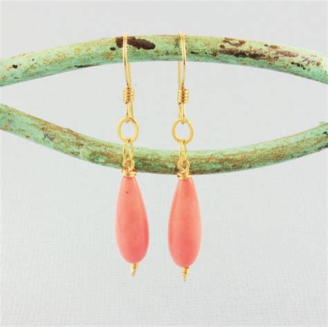 Peach Coral Earrings Peach Pink Angelskin Coral Dangle 14kt Etsy