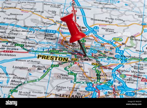 Rojo Polo Mapa Mapa De Carretera Apuntando A Ciudad De Preston