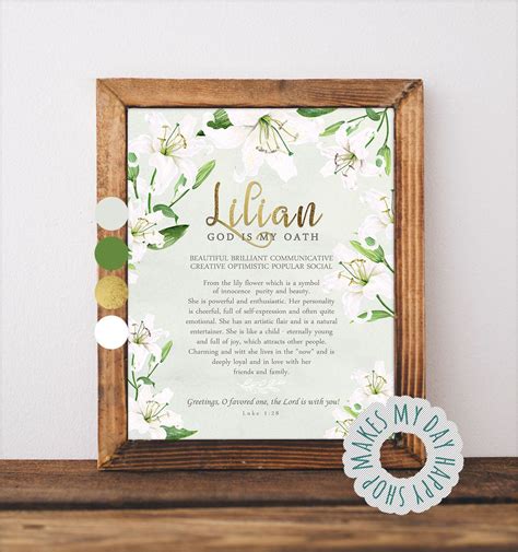 Lily Lillian Name Meaning Birthday Tname Wall Art Printablecustom