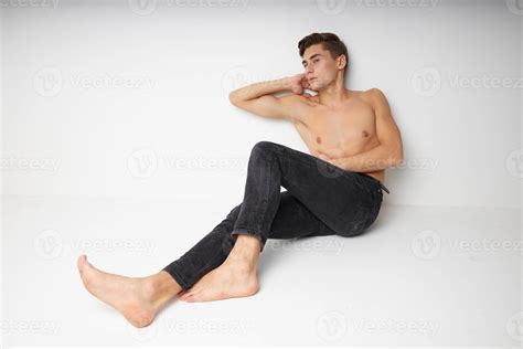 Cute Man Naked Torso Sitting On The Floor Isolated Background Self