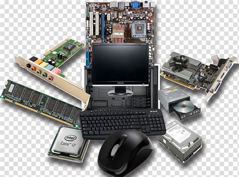 The main components of a computer system are input unit, storage unit, central processing unit and output devices and the software. Black computer set illustration, Computer hardware Laptop ...