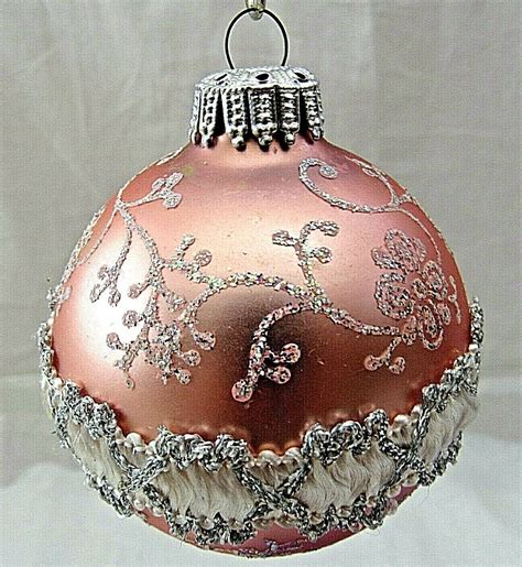 Krebs Glass Christmas Tree Ornaments Pink Lace Glitter Set Of 4 Vintage