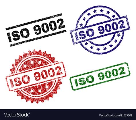 Scratched Textured Iso 9002 Stamp Seals Royalty Free Vector