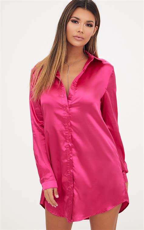 Fuchsia Satin Button Front Shirt Dress Prettylittlething Ca
