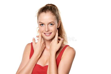 Beauty Portrait Of Young Woman Touching Her Face Skin Stock Image