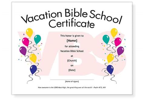 A printable certificate recognizing vacation bible school. Free VBS Attendance Certificate Template Download