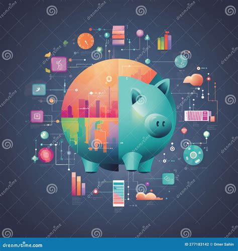 Piggy Bank With Various Financial Symbols And Data Stock Illustration