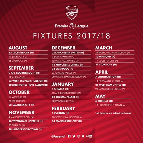 Full 201718 Premier League Fixtures For Arsenal And Tottenham Football