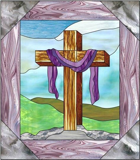 A Stained Glass Window With A Cross And Purple Scarf On The Ground In