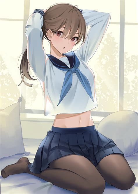 Anime Anime Girls Ikomochi Rswxx School Uniform Arms Up Brunette Brown Eyes Bare Midriff