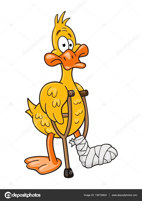 Lame Duck With Pair Of Crutches Funny Cartoon Character Stock Vector