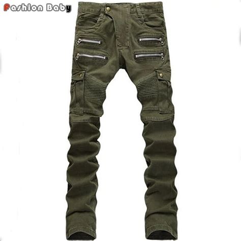 men s multi pockets patchwork army green jeans pant slim fit fashion cool straight military