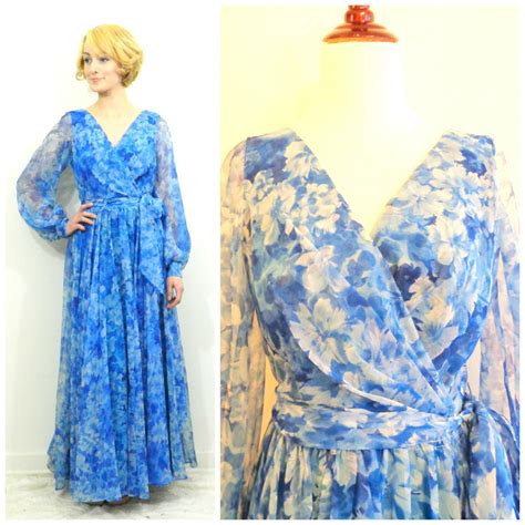 70s vintage blue chiffon maxi dress long by pickinguppennies