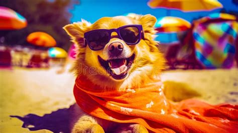 Dog Wearing Sunglasses And Scarf On The Beach With Umbrella In The