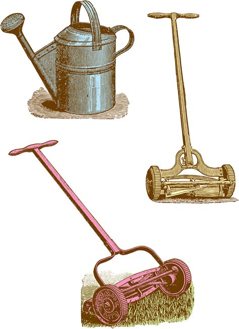 These tools and tool sets solve problems, simply tasks or make working outside more enjoyable. Vintage Clipart Garden / Yard Tools