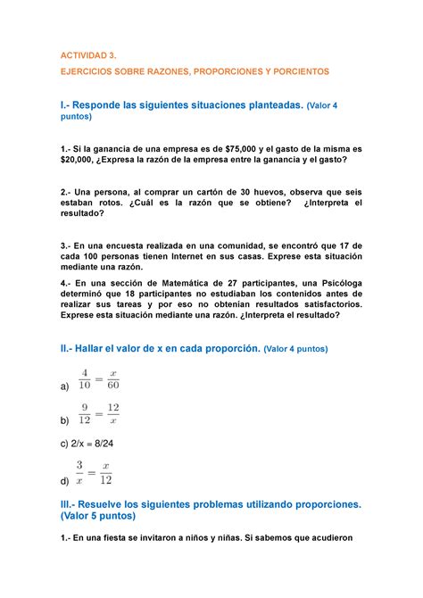 Actividad 3 Ejercicios Sobre Razones Proporciones Y Porcientos