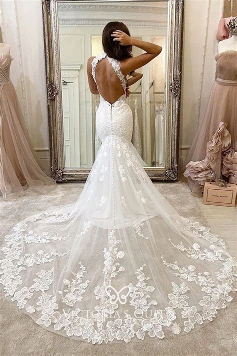 Romantic Illusion High Neck Lace Mermaid Wedding Dress Vq