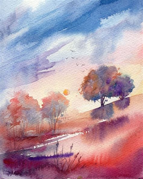 Sunset Lush Purple Clouds Blue Sky Beautiful Romantic Watercolor