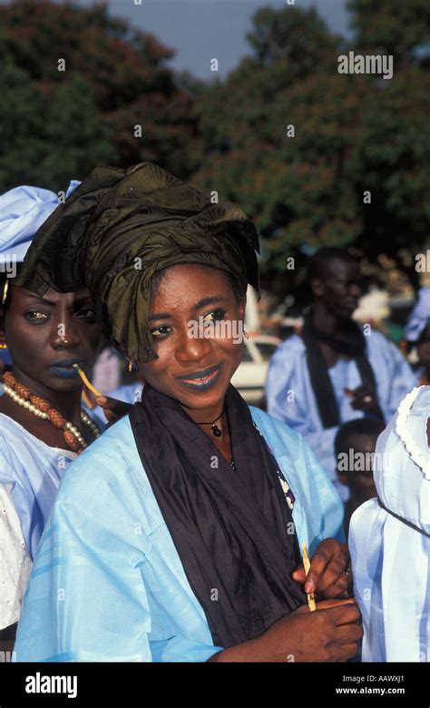 Wolof Woman Wearing A Traditional Blue Dress Banjul The Gambia Stock