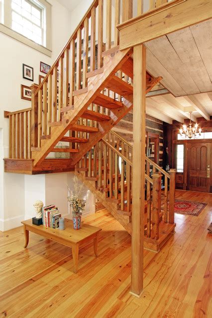 Reclaimed log cabins for sale. Log cabin, open staircase, reclaimed wood