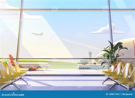 Cartoon Airport Terminal Lounge With Airplane On Background 3d