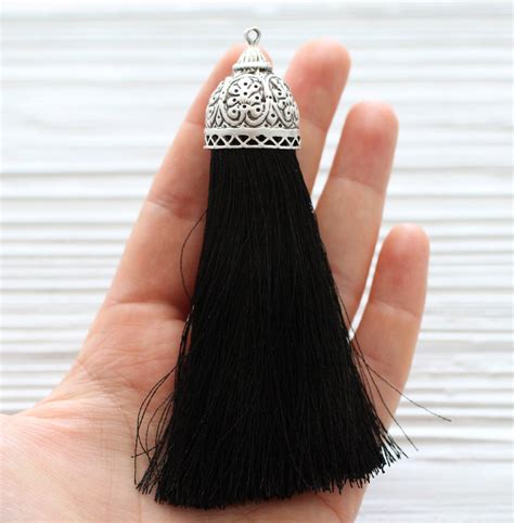 Extra Large Black Silk Tassel With Rustic Silver Tassel Cap Thick Black Tassel Silk Tassels