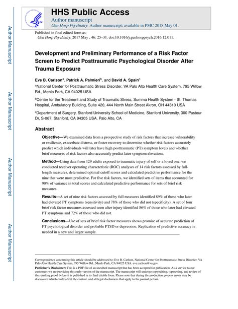 Pdf Development And Preliminary Performance Of Brief Risk Factor Measures To Predict