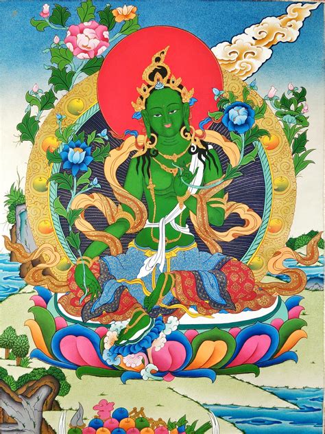 Green Tara Hand Painted On Cotton Canvas Handmade Thangka Tibet House