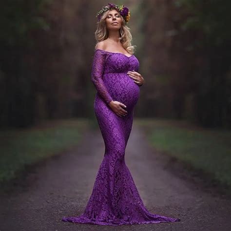 Fashion Maternity Dress For Photo Shoot Maxi Maternity Gown Shoulderless Lace Fancy Sexy Women