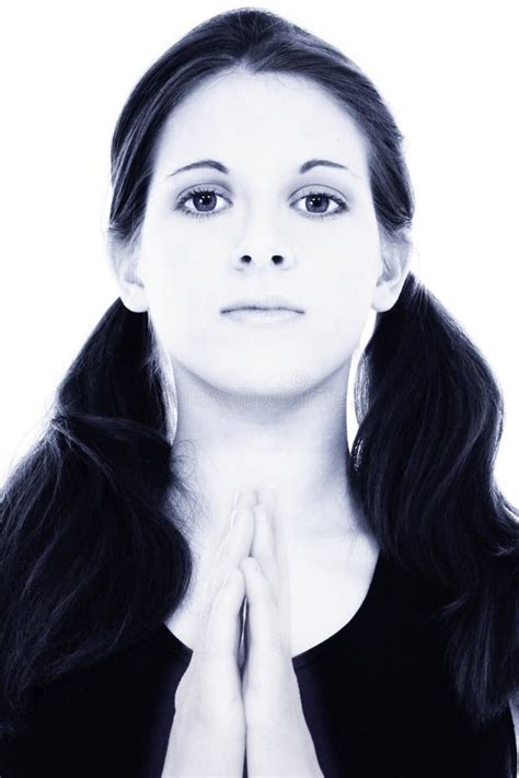 Beautiful Young Woman In Blue With Meditation Or Prayer Hands Stock
