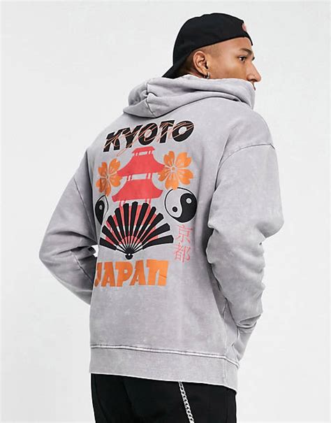 Asos Design Oversized Hoodie In Grey Acid Wash With Kyoto Back Print Asos