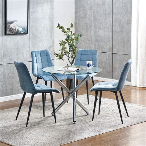 Round Glass Dining Table And 4 Blue Velvet Chairs Set For Small Space