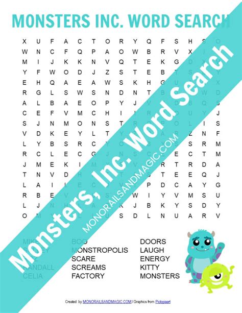 Monsters Inc Word Search Free Printable Monorails And Magic
